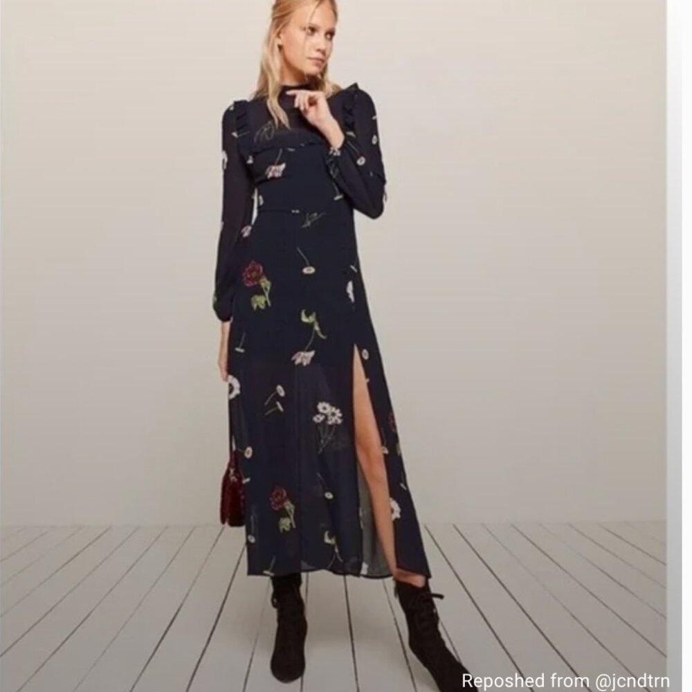Reformation Gillian Floral Peasant Dress Navy Viscose High Neck US 8